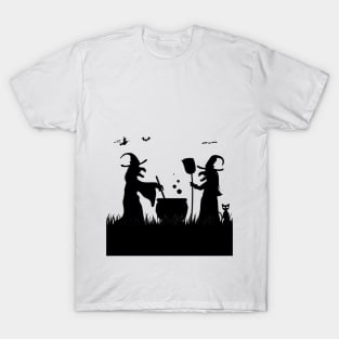 Funny and scary halloween witches cat and bats T-Shirt